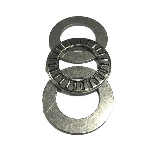 Steel needle roller thrust bearing assembly with two flat metal washers on a white background.