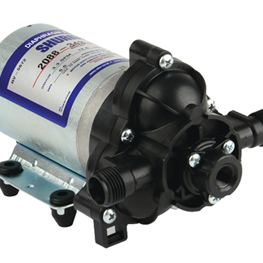 Shurflo 2088-343-135 diaphragm pump with a silver metal motor housing and black plastic pump head on a mounting base.