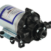 Shurflo 2088-343-135 diaphragm pump with a silver metal motor housing and black plastic pump head on a mounting base.