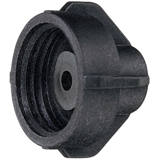 Black plastic threaded hose cap with a central circular gasket seal.