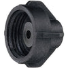 Black plastic threaded hose cap with a central circular gasket seal.
