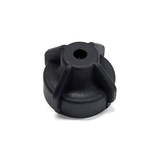 Black plastic round knob with a center hole and four raised grip ridges for manual adjustment.
