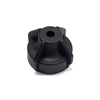 Black plastic round knob with a center hole and four raised grip ridges for manual adjustment.