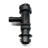 Black plastic Spraying Systems Co. nozzle body with a side hose barb and threaded cap connection.