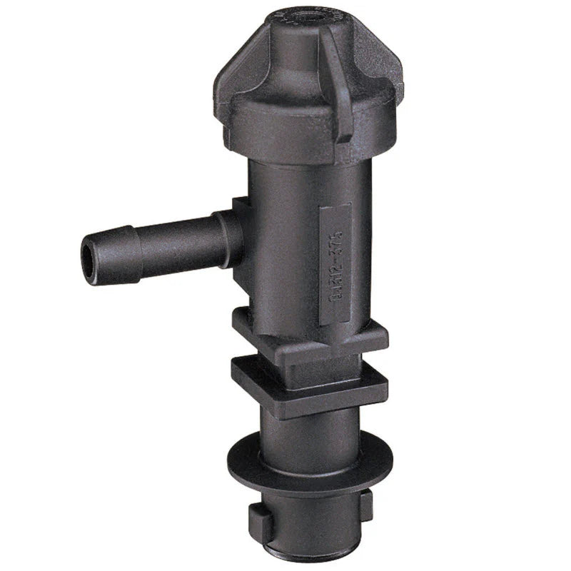 Black plastic irrigation connector with a side barbed outlet and threaded top cap for secure hose attachment.
