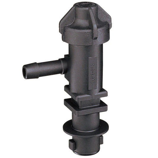Black plastic irrigation connector with a side barbed outlet and threaded top cap for secure hose attachment.