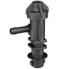 Black plastic irrigation connector with a side barbed outlet and threaded top cap for secure hose attachment.