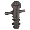 Black plastic irrigation drip emitter with a dual-barbed T-shaped design and a threaded top cap.