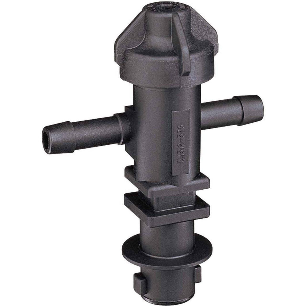 Black plastic T-shaped irrigation fitting with a threaded cap and two barbed hose connectors for fluid systems.