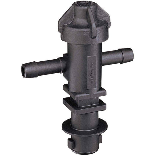 Black plastic T-shaped irrigation fitting with a threaded cap and two barbed hose connectors for fluid systems.