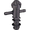 Black plastic T-shaped irrigation fitting with a threaded cap and two barbed hose connectors for fluid systems.