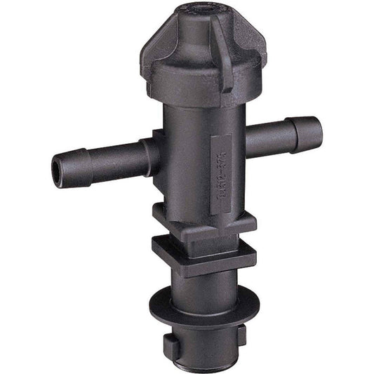 Black plastic irrigation manifold fitting with two side-barbed hose connectors and a top-mounted adjustment cap.