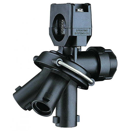 Spraying Systems Co. black nylon multi-outlet nozzle body with a spring-loaded clamp for industrial spray applications.