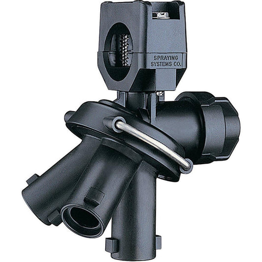 Black nylon Spraying Systems Co. 1/2-inch nozzle body with a clamp-on mount and multi-port spray head design.