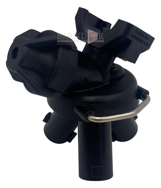 Black 3/4-inch nylon multi-outlet spray nozzle body with a metal retaining clip for agricultural spraying systems.