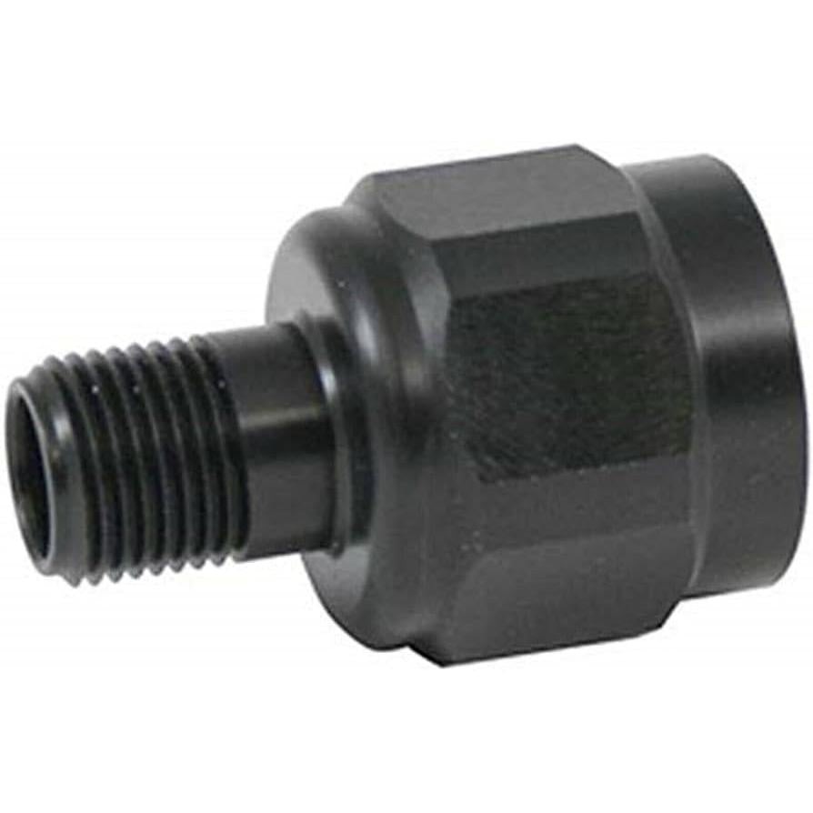 Black anodized aluminum adapter fitting with a threaded male end and a hexagonal base for secure installation.