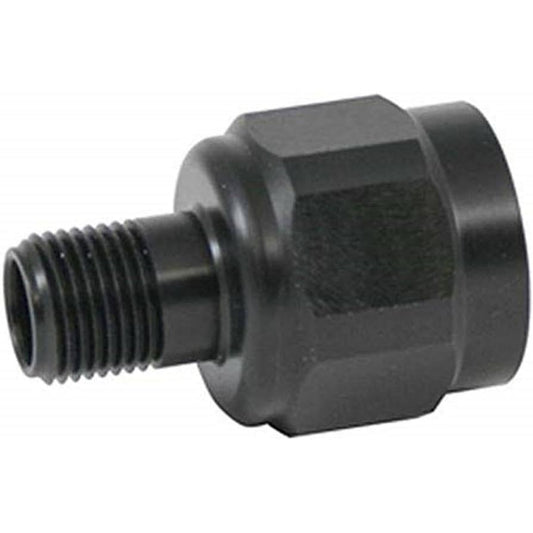 Black anodized aluminum adapter fitting with a threaded male end and a hexagonal base for secure installation.