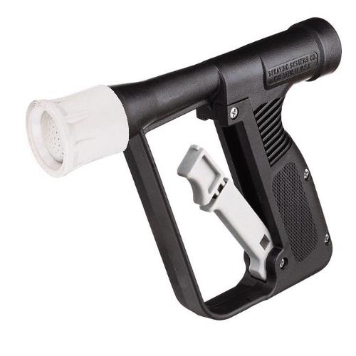 Black industrial spray gun with white nozzle and trigger, featuring a durable ergonomic handle and protective guard.