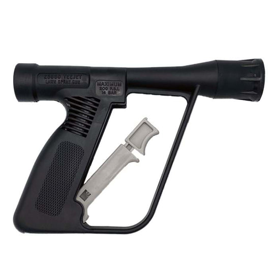 Black 25660-3.0 TeeJet lawn spray gun with a textured grip and a light gray trigger mechanism against a white background.