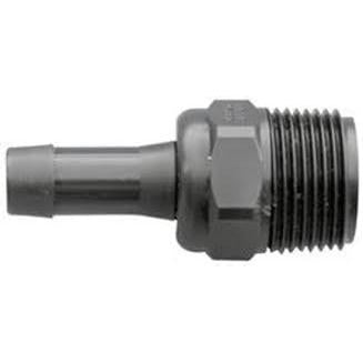 Black nylon 3/4-inch barbed adapter fitting with a threaded hex nut base for secure hose connections.