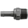 Black nylon 3/4-inch barbed adapter fitting with a threaded hex nut base for secure hose connections.