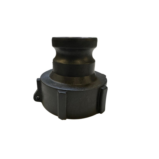 Black polypropylene camlock adapter with a threaded base and grooved coupling end for industrial hose connections.