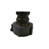 Black polypropylene camlock adapter with a threaded base and grooved coupling end for industrial hose connections.