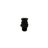 Black polypropylene 3-inch camlock adapter with male NPT threaded end and grooved coupling head.