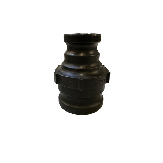 Black polypropylene 300F200F camlock reducer coupling with a threaded design for industrial hose connections.