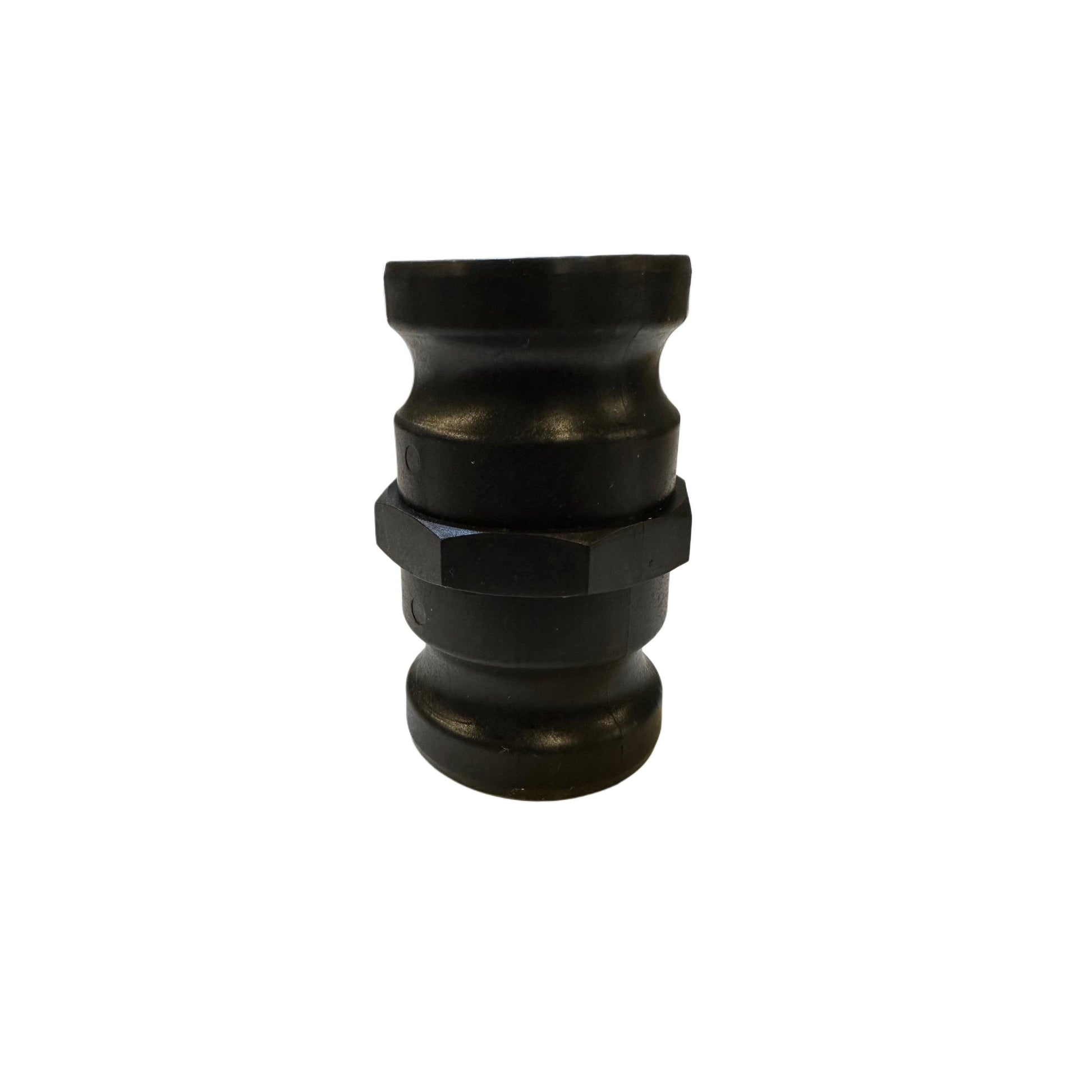 Black 300FF camlock adapter featuring a durable plastic construction with a central hexagonal nut for secure tightening.