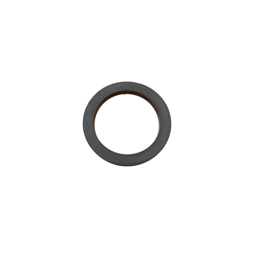 Small black circular rubber gasket washer with a smooth flat surface isolated on a white background.