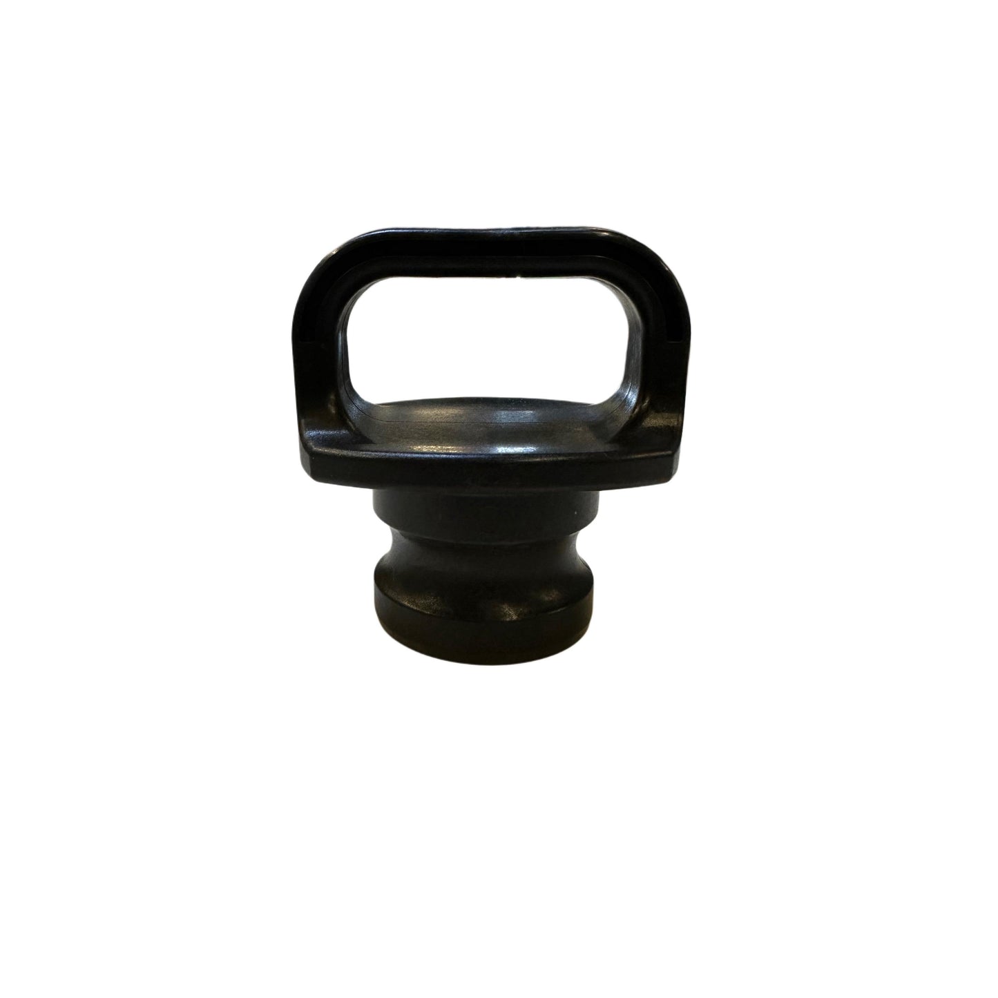 Black 300PLH (G) plastic camlock dust plug with a sturdy handle for secure hose and pipe sealing.