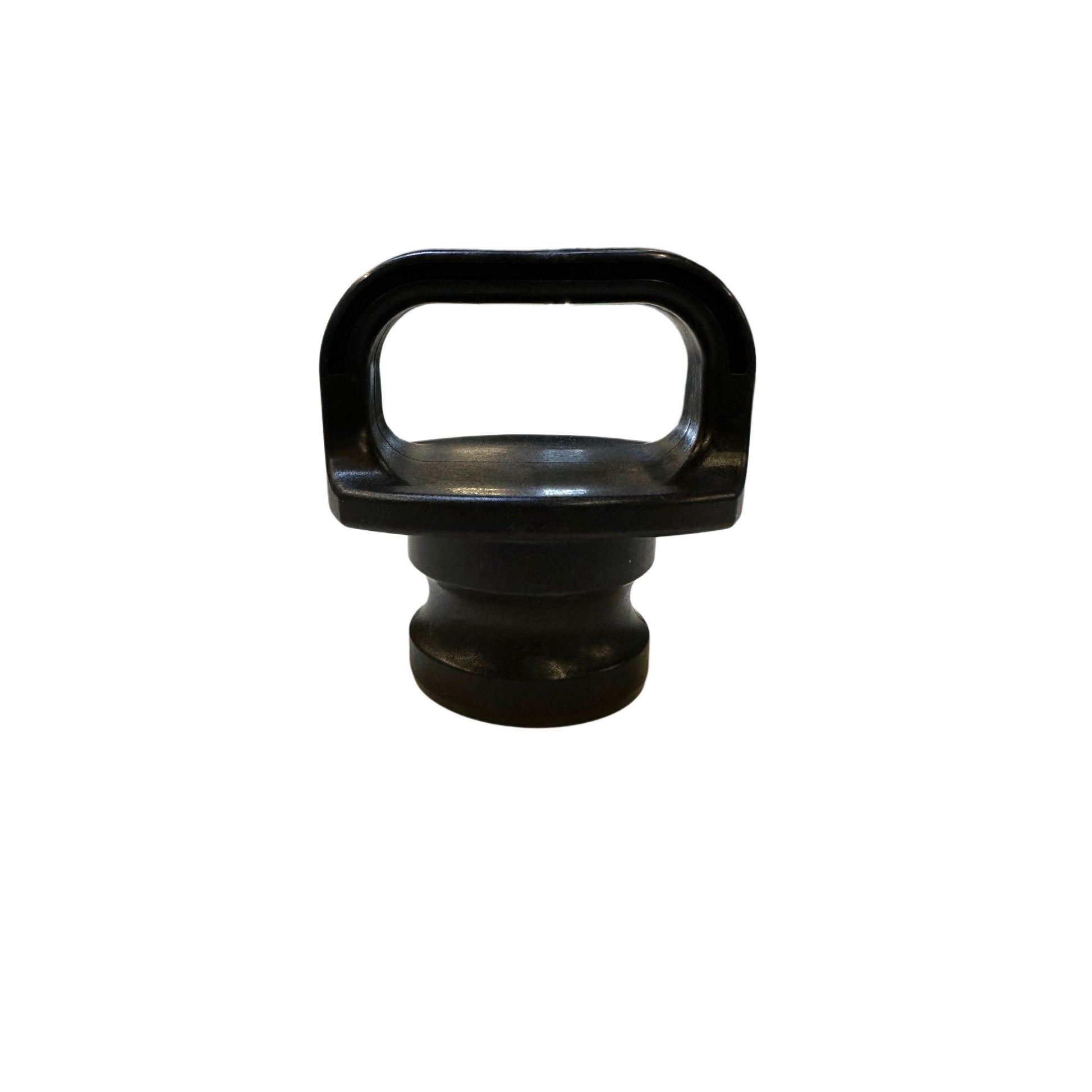 Black 300PLH (G) plastic camlock dust plug with a sturdy handle for secure hose and pipe sealing.