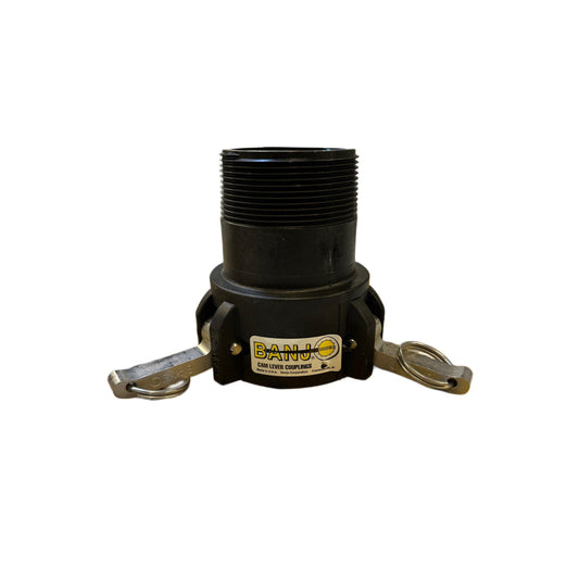 Banjo 303B black polypropylene cam lever coupling with threaded male adapter and two stainless steel locking arms.