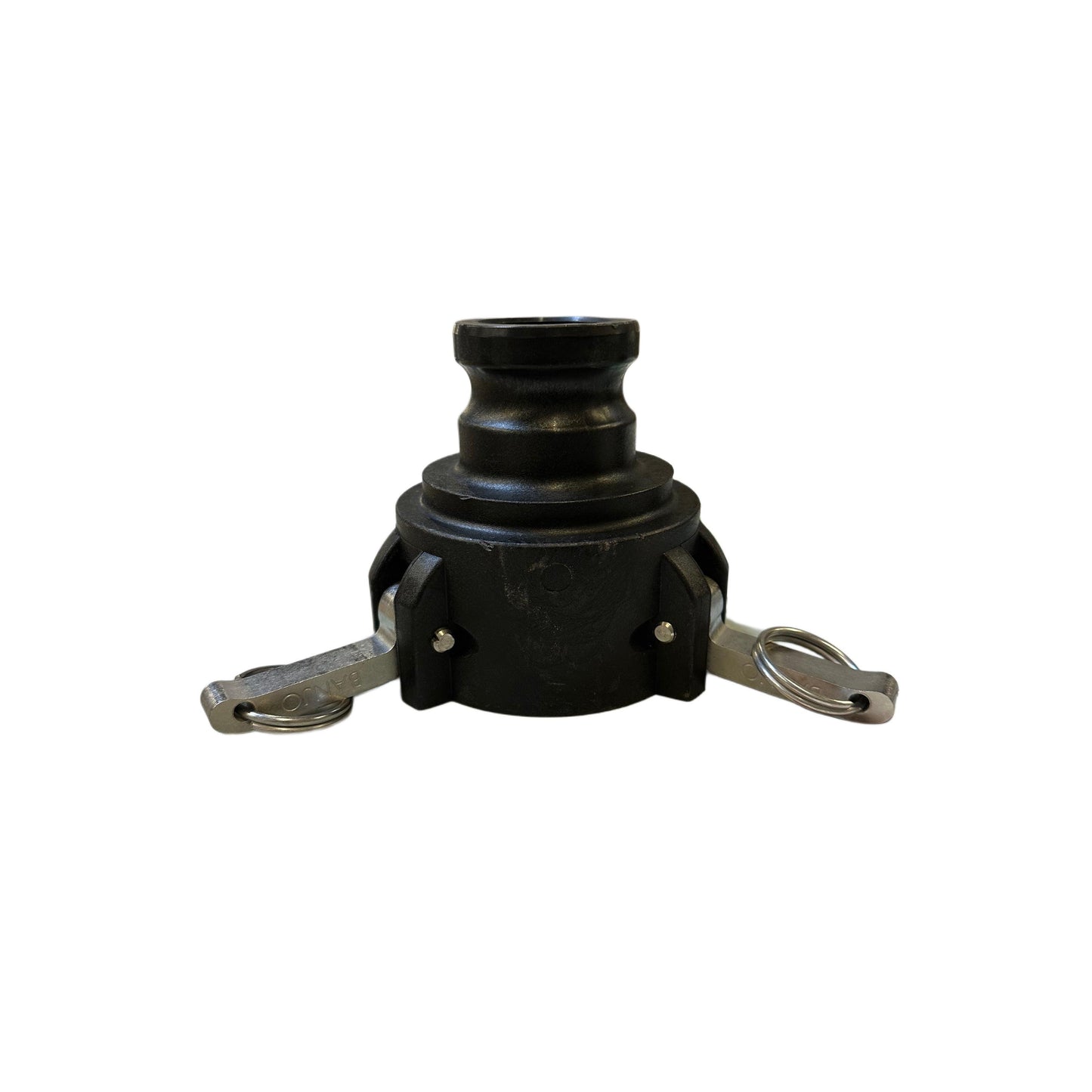 Black polypropylene Banjo cam lever coupler with stainless steel locking arms on a white background.