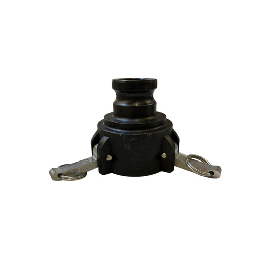 Black polypropylene Banjo cam lever coupler with stainless steel locking arms on a white background.