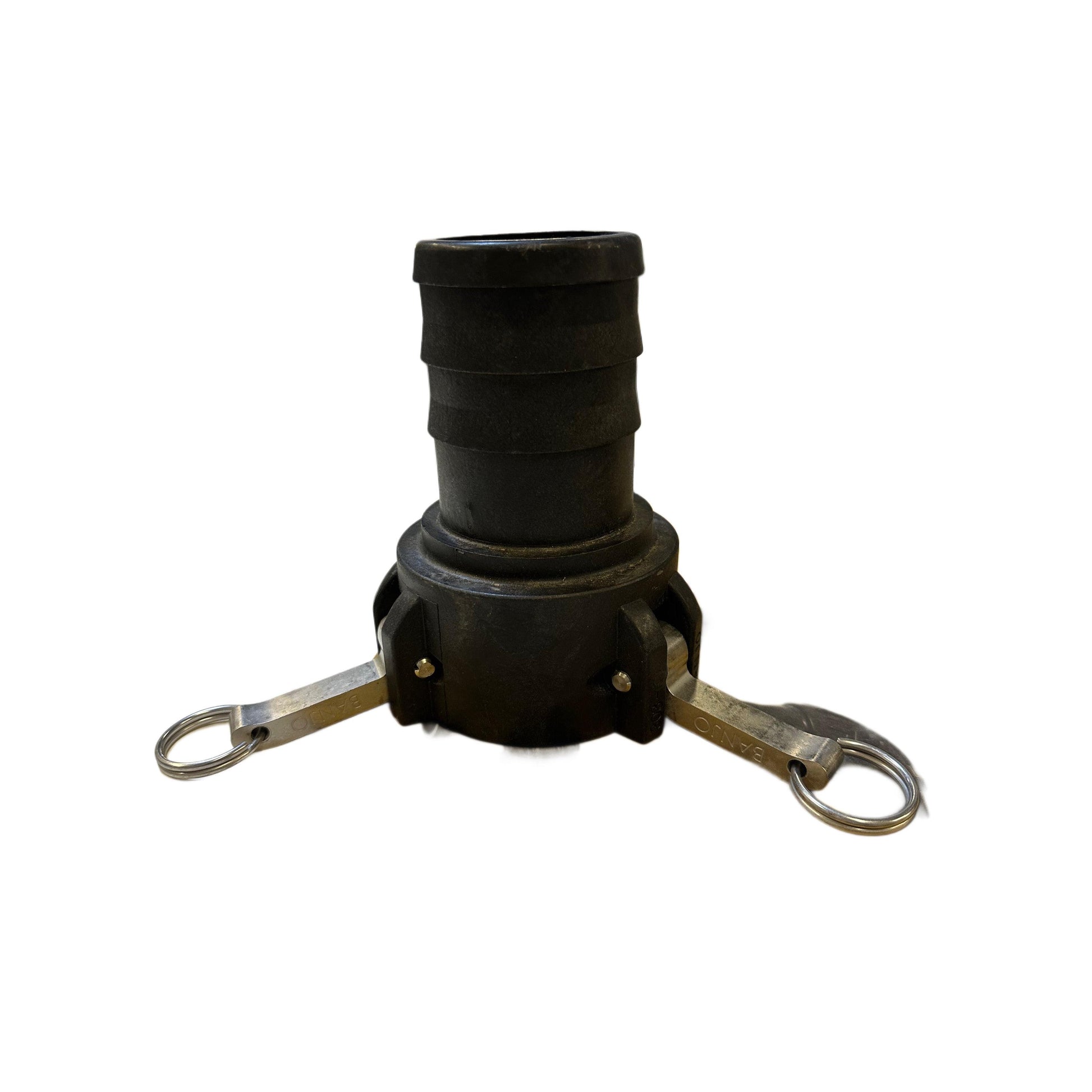 Black polypropylene Banjo 303C hose barb cam lever coupling with stainless steel locking arms.