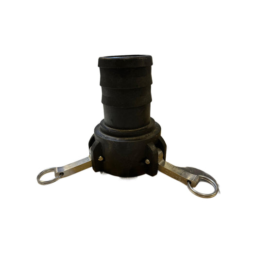 Black polypropylene Banjo 303C hose barb cam lever coupling with stainless steel locking arms.