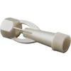 Off-white plastic spray nozzle with a threaded base and a tapered, open-ended tip for industrial irrigation systems.