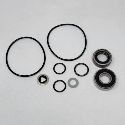 Hypro hydraulic motor seal kit containing black rubber O-rings, metal washers, and two steel ball bearings on white.