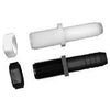 White and black plastic 3812DP (G) threaded hose barb fittings with matching locking nuts.