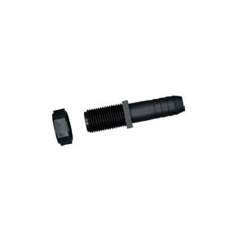 Black plastic 3838DP (G) hose barb fitting with a threaded stem and matching locking nut on a white background.