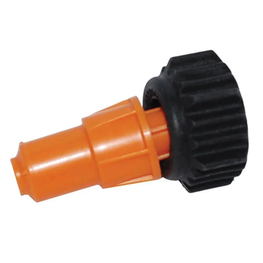 Orange plastic nozzle with a ribbed black circular base for secure attachment and precise fluid control.