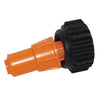 Orange plastic nozzle with a ribbed black circular base for secure attachment and precise fluid control.