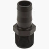 Black plastic 3A12 male pipe adapter with a barbed hose connection and hexagonal nut center.
