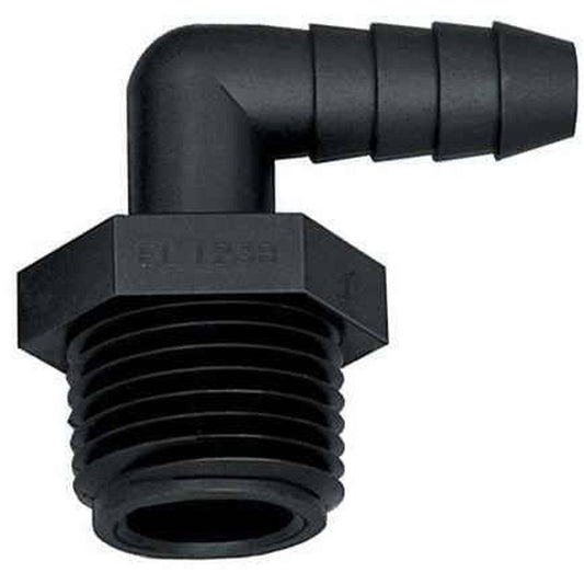 Black plastic 90-degree elbow hose barb fitting with a threaded male hex base for plumbing connections.