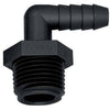 Black plastic 90-degree elbow hose barb fitting with a threaded male hex base for plumbing connections.