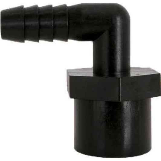 Black plastic 90-degree elbow hose barb fitting with a hexagonal base for secure plumbing connections.