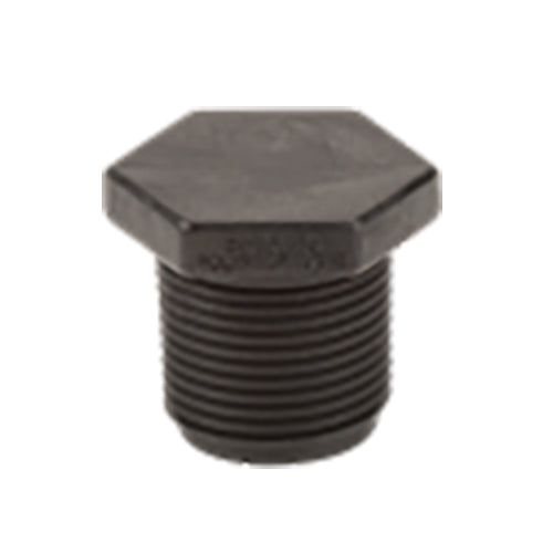 Black hexagonal plastic threaded pipe plug with a flat top and ribbed cylindrical body.