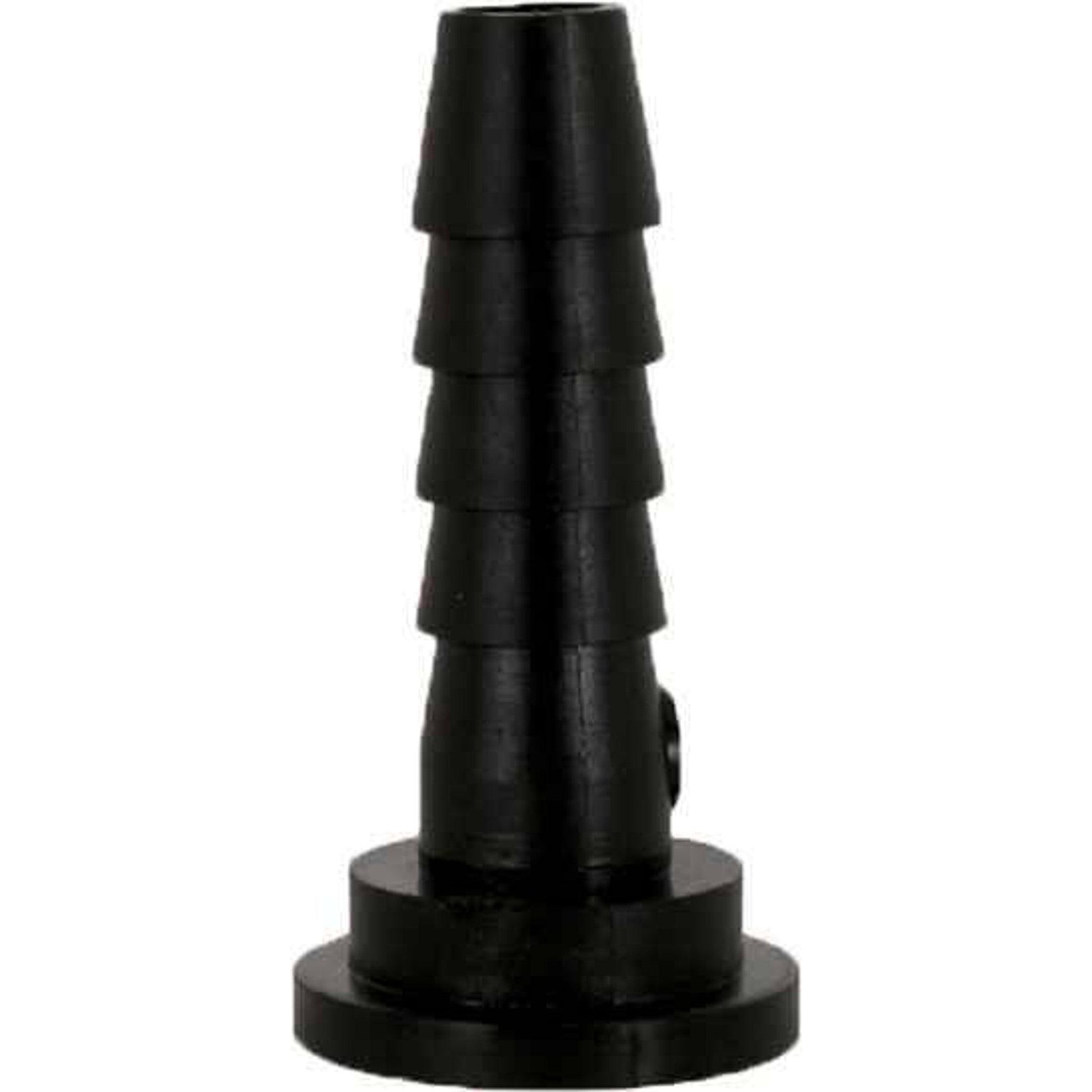 Black plastic barbed hose adapter fitting with a wide circular base and multi-step ribbed design.